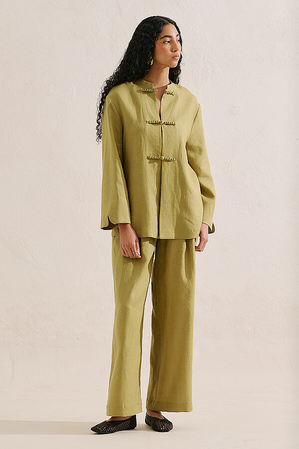LINEN DESIGN TIE JACKET OLIVE GREEN | Manuka