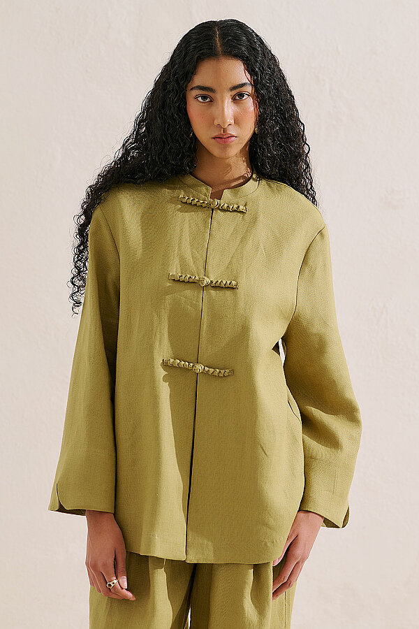 LINEN DESIGN TIE JACKET OLIVE GREEN | Manuka