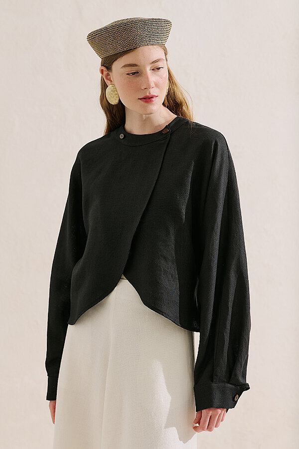 LINEN CAPE STYLE SHIRT BLACK | Manuka