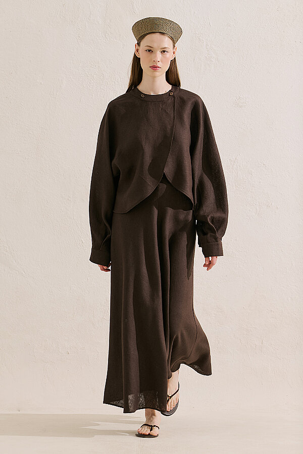 LINEN CAPE STYLE SHIRT LIGHT BROWN | Manuka