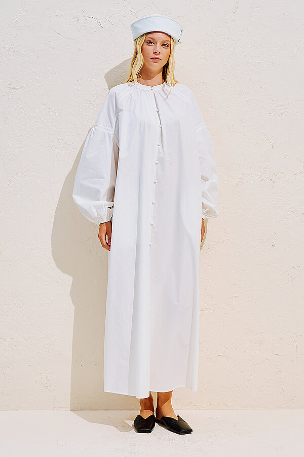 STRIPED BALLOON SLEEVE LONG DRESS ECRU | Manuka
