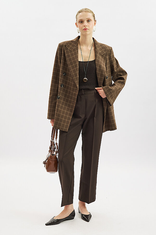 DOUBLE BREASTED CHECKED BLAZER JACKET BROWN