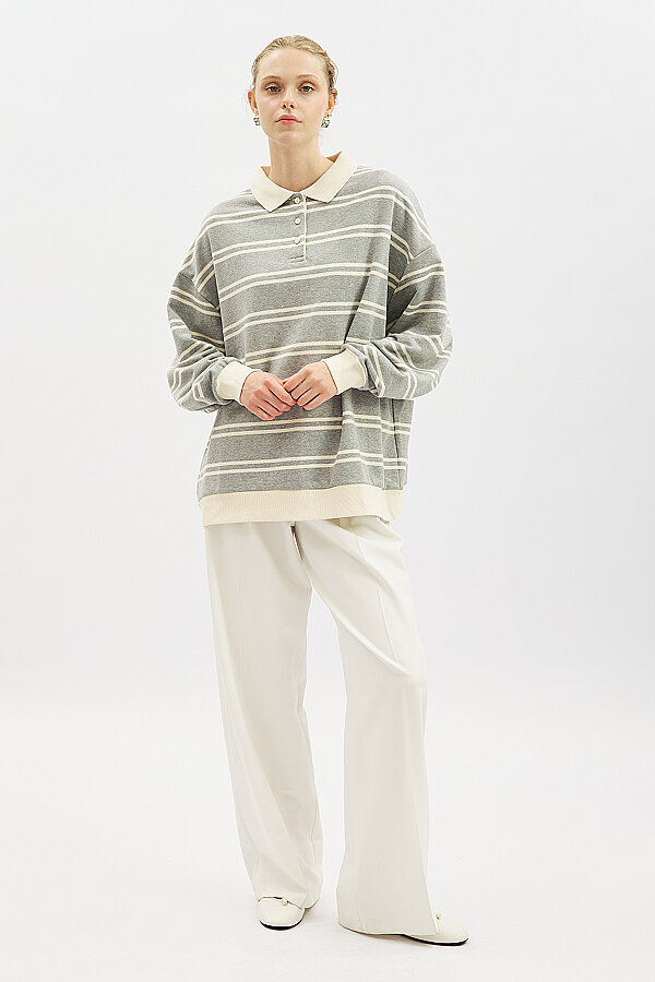 POLO YAKA OVERSIZE SWEATSHIRT GRİ