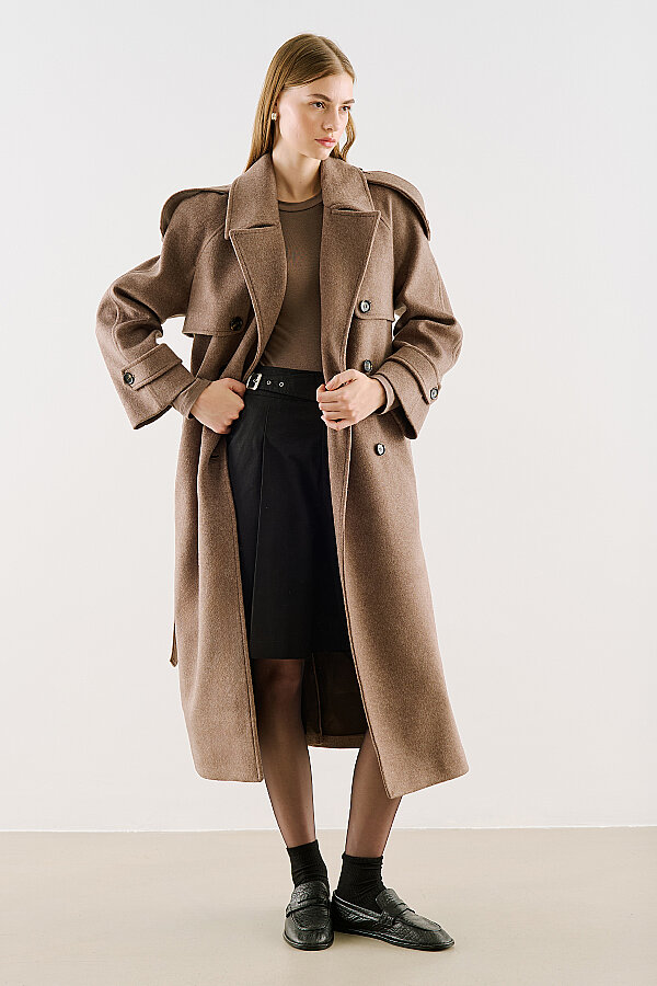 PREMIUM WRAP TRENCH WOOL COAT TAUPE | Manuka