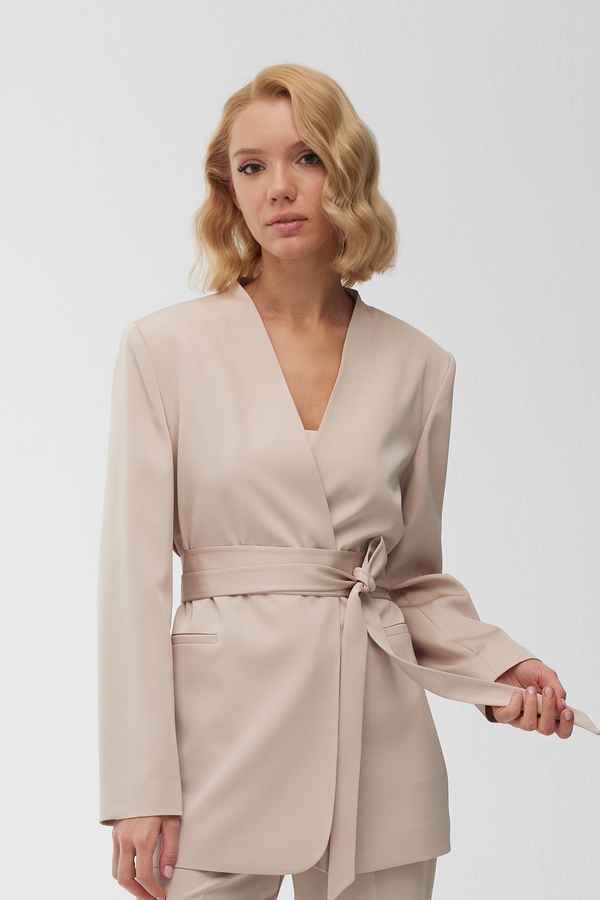  - BELTED COLLARLESS SATIN BLAZER JACKET BEIGE (1)