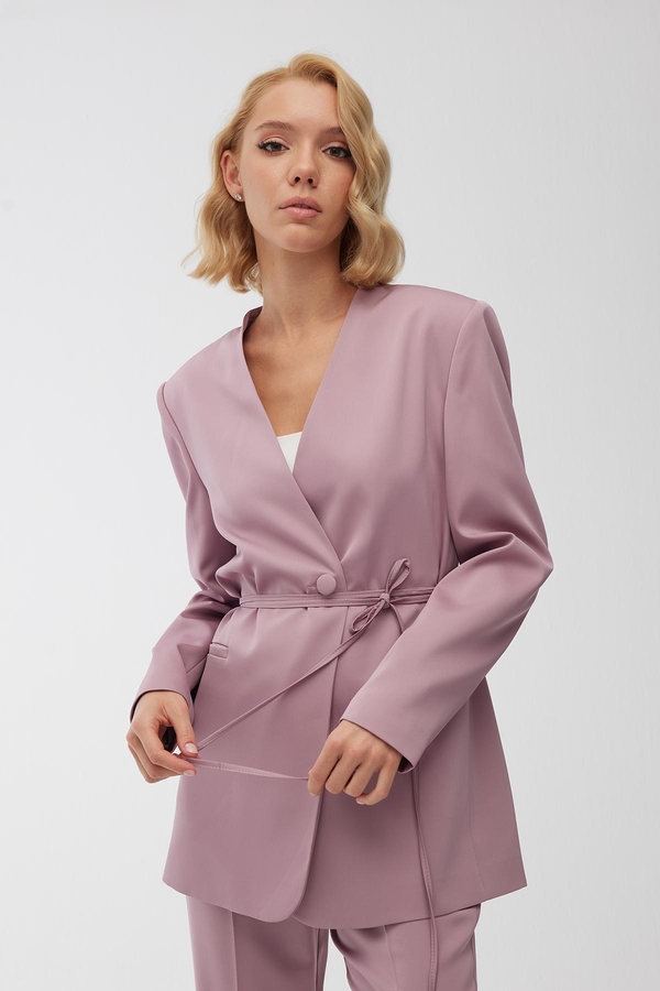 Manuka - BELTED COLLARLESS SATIN BLAZER JACKET DRY ROSE (1)