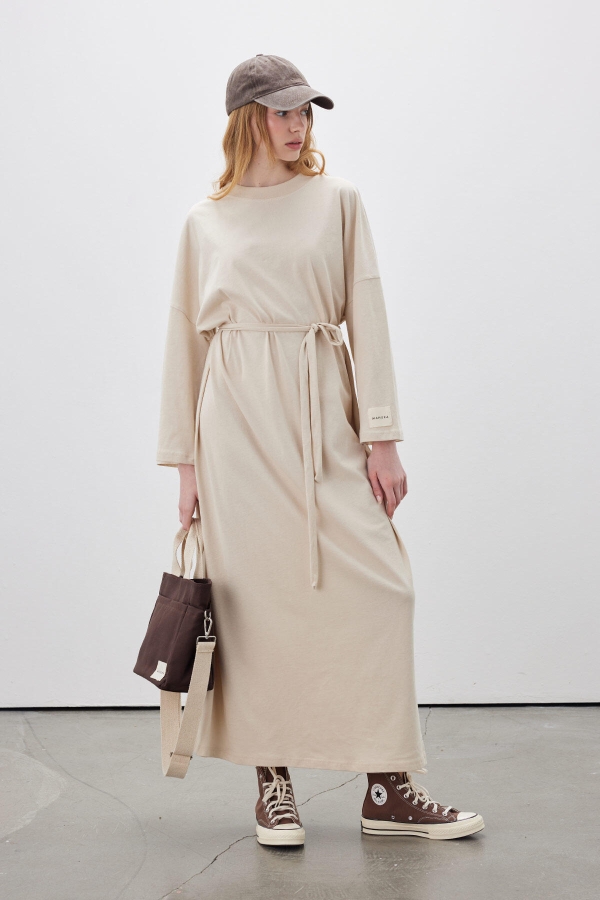 OVERSIZE UZUN RAHAT ELBİSE BEJ · 4