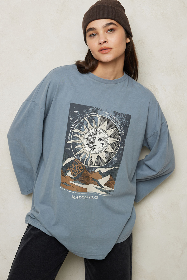 Manuka - BASKILI OVERSIZE SWEATSHIRT MAVİ (1)