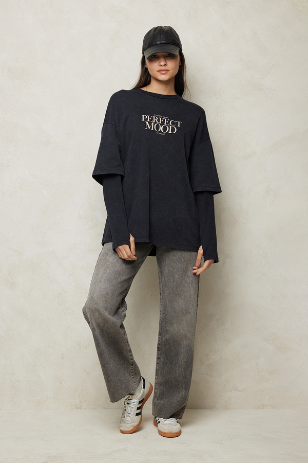 Manuka - SOLUK EFEKTLİ KOL DETAYLI SWEATSHIRT SİYAH (1)