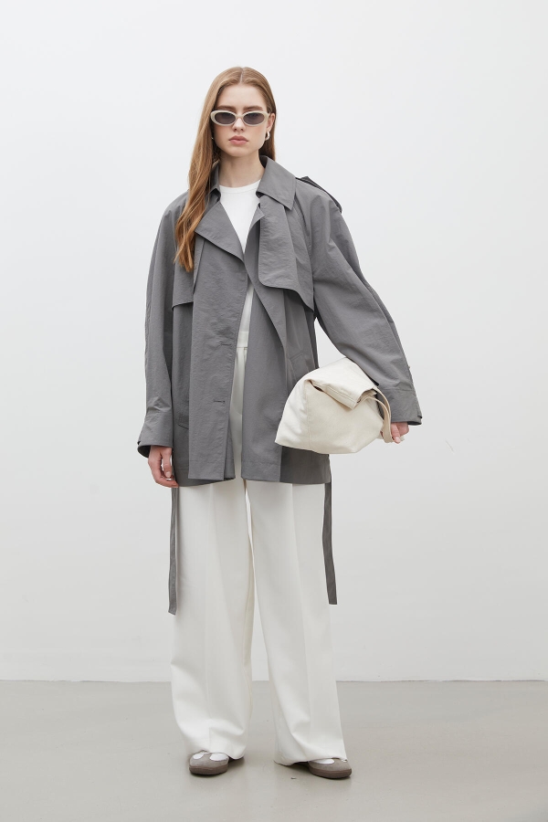 LIZBON OVERSIZE KISA TRENÇKOT GRİ · 2