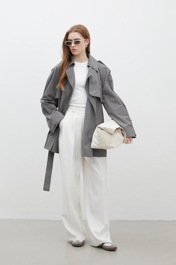 LIZBON OVERSIZE KISA TRENÇKOT GRİ · 6
