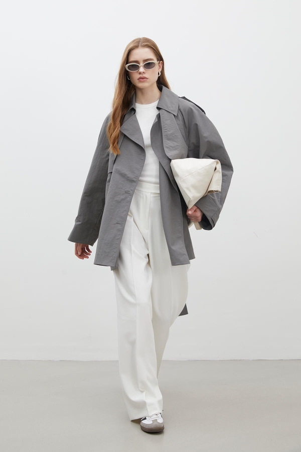 LIZBON OVERSIZE KISA TRENÇKOT GRİ · 7