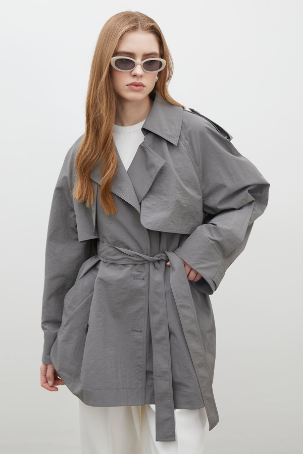 LIZBON OVERSIZE KISA TRENÇKOT GRİ