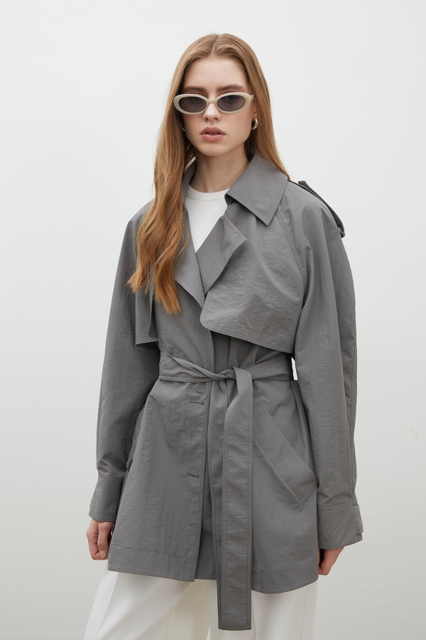 LIZBON OVERSIZE KISA TRENÇKOT GRİ · 4