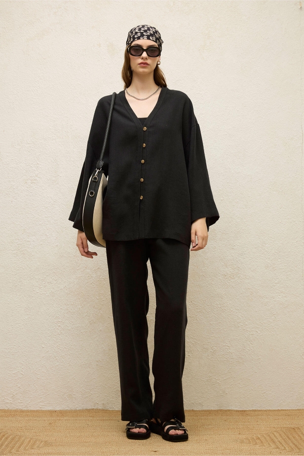 CEPLİ RAHAT KETEN PANTOLON SİYAH · 3