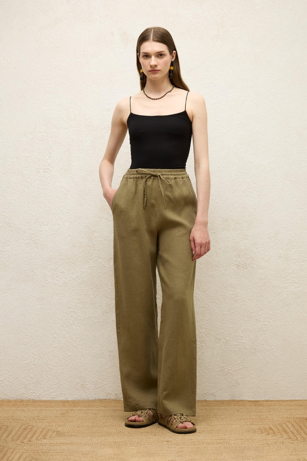 CEPLİ RAHAT KETEN PANTOLON HAKİ · 3