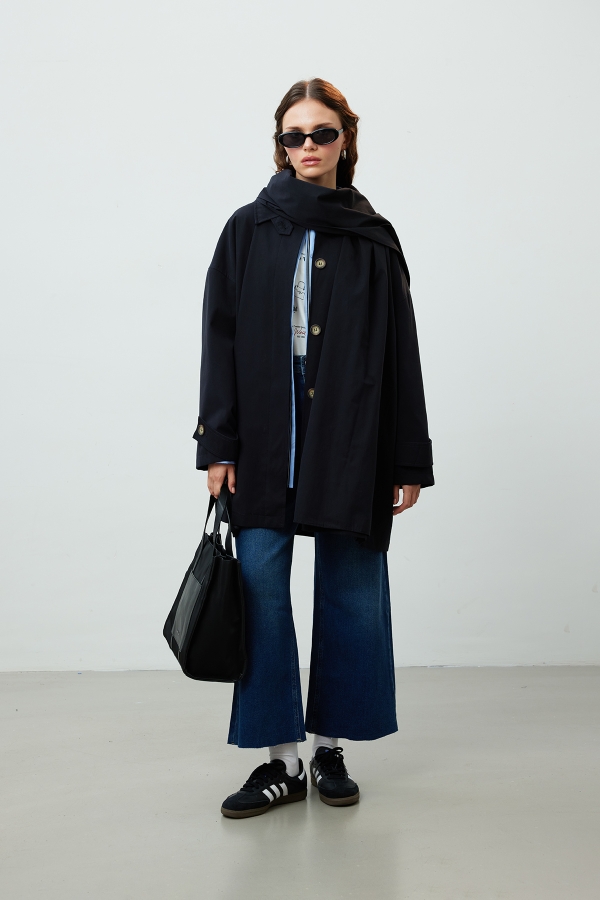 STOKHOLM ŞAL DETAYLI OVERSIZE TRENÇKOT SİYAH