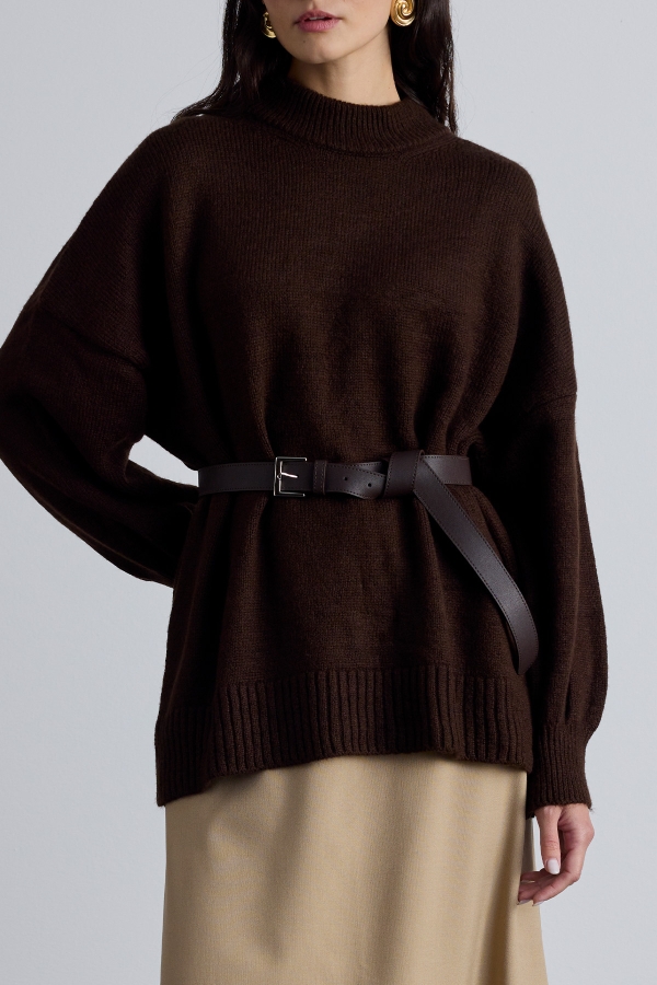 Manuka - LONG LEATHER BELT WITH WIDE BUCKLE BROWN (1)