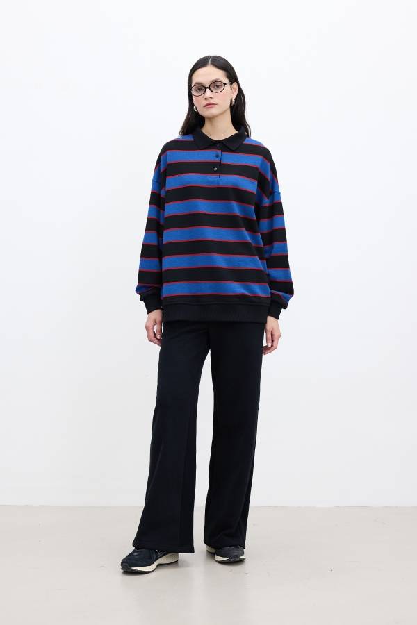 POLO YAKA OVERSIZE SWEATSHIRT MAVİ