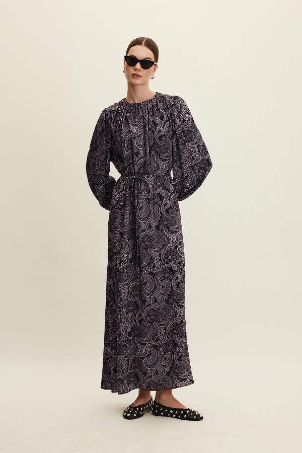DESENLİ VİSKON ELBİSE DARK VINTAGE