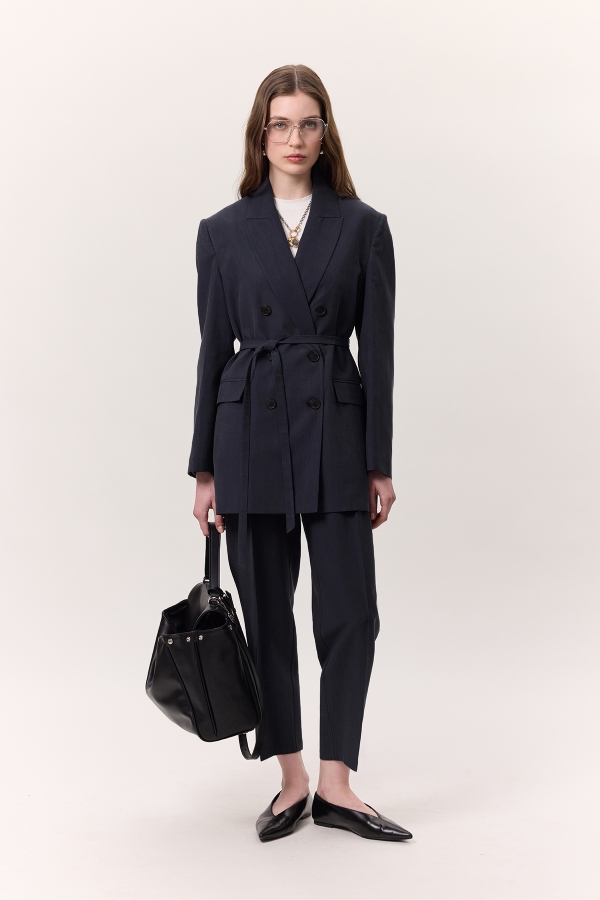 TENCEL KEMERLİ KRUVAZE BLAZER CEKET İNDİGO