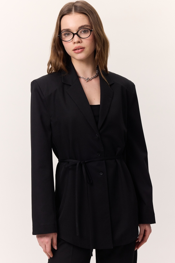 KEMERLİ DÜĞMELİ BLAZER CEKET SİYAH