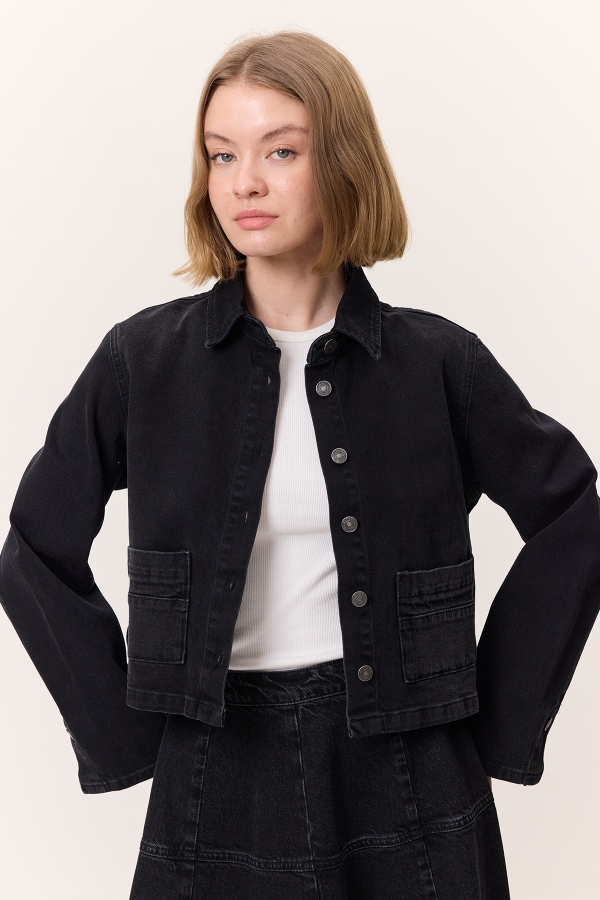 KISA DENIM GÖMLEK CEKET SİYAH