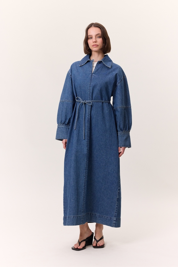 MANŞET DETAYLI DENIM ELBİSE KOYU MAVİ