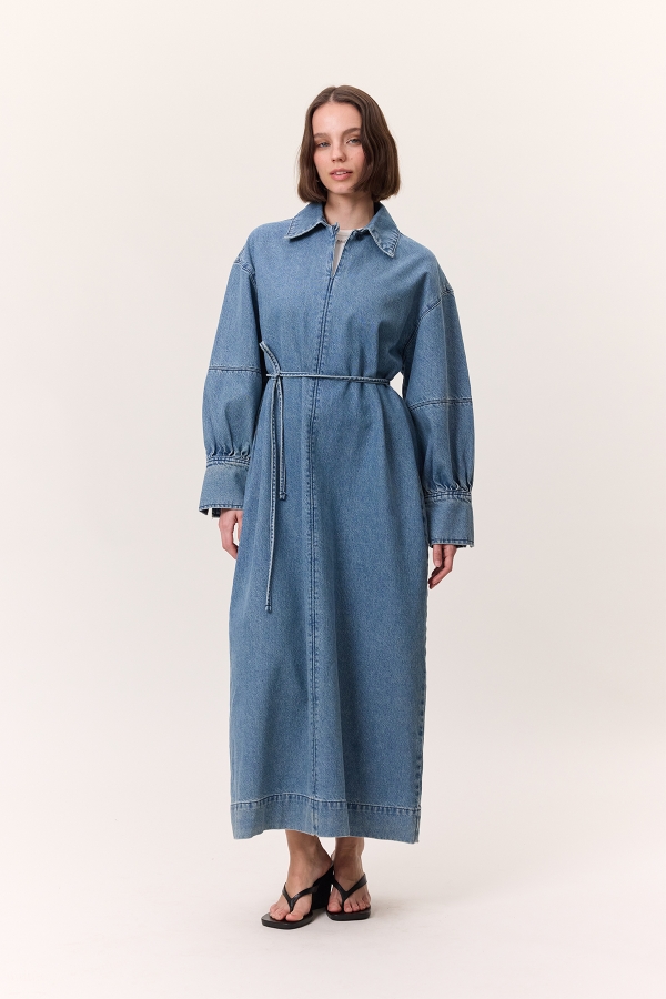 MANŞET DETAYLI DENIM ELBİSE AÇIK MAVİ