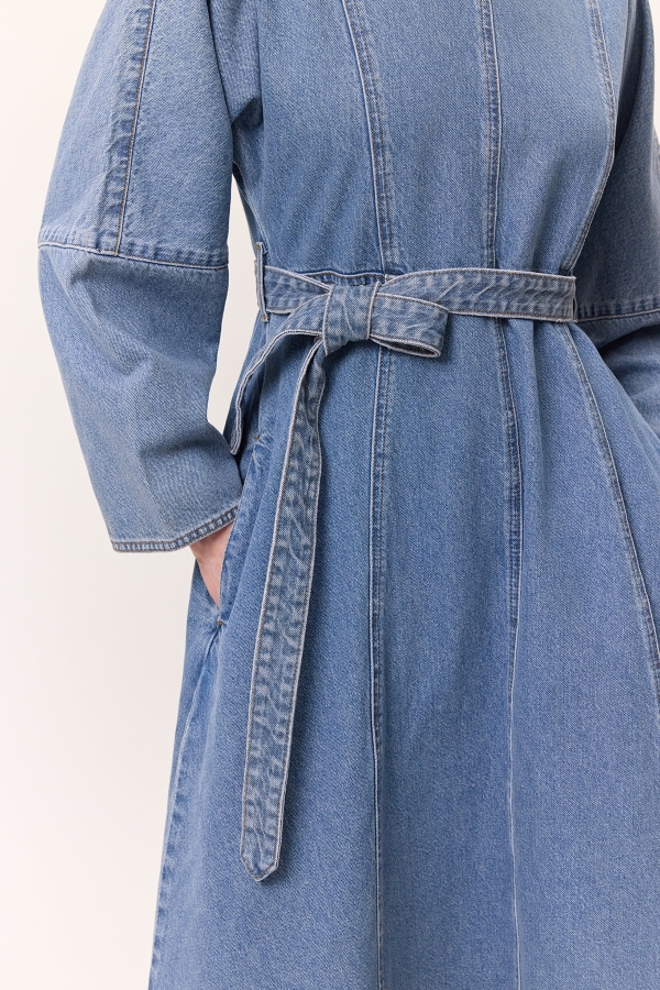 WIDE SLEEVE BELT DENIM DRESS BLUE
