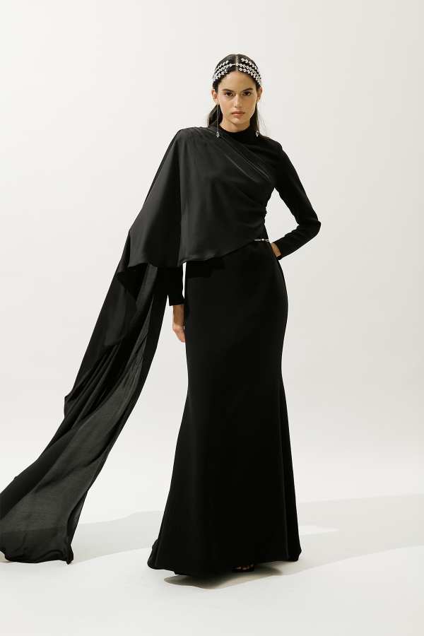 LANA PELERİNLİ ABİYE ELBİSE SİYAH