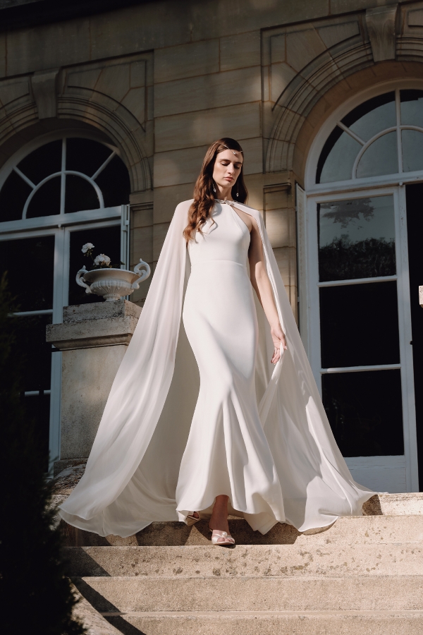 FRANCES PELERİNLİ ABİYE ELBİSE EKRU