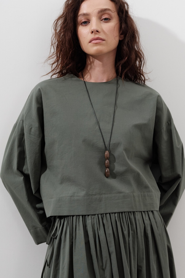 PAMUKLU CROP UZUN KOL BLUZ ÇAM YEŞİLİ · 3