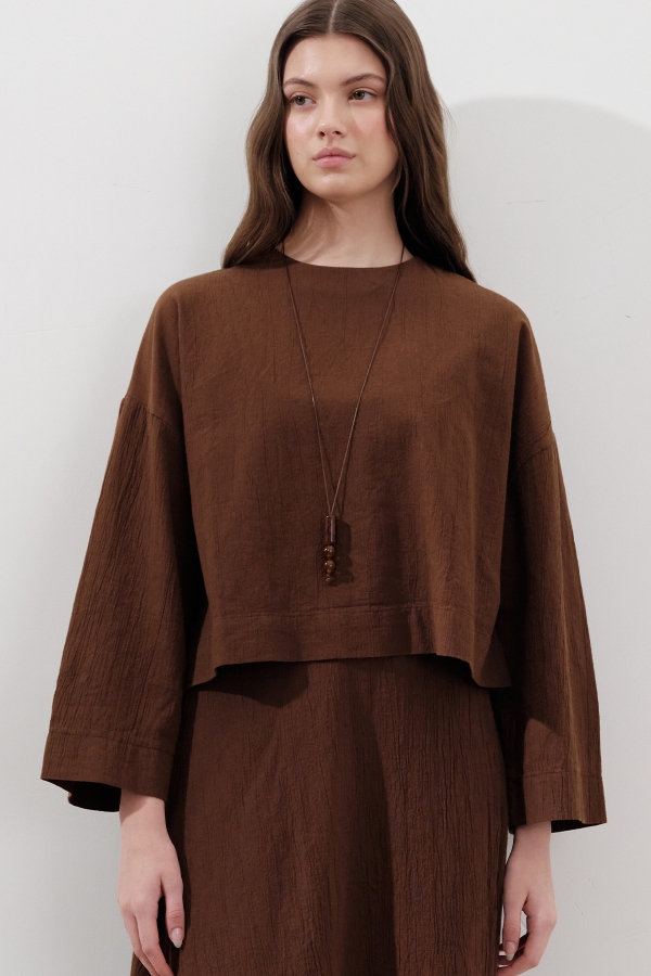 PAMUKLU GENİŞ KOL CROP BLUZ KAHVERENGİ