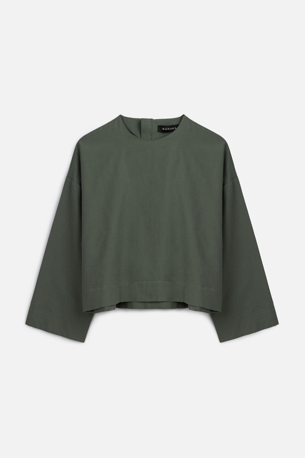 PAMUKLU CROP UZUN KOL BLUZ ÇAM YEŞİLİ · 2