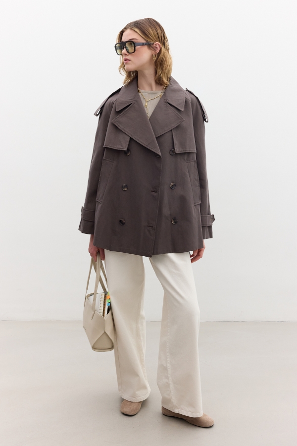 DOUBLE BREASTED SHORT TRENCH COAT MINK