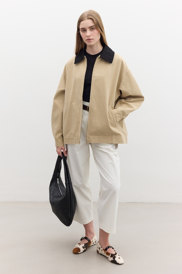 CONTRAST COLLAR TABARDINE JACKET CAMEL | Manuka