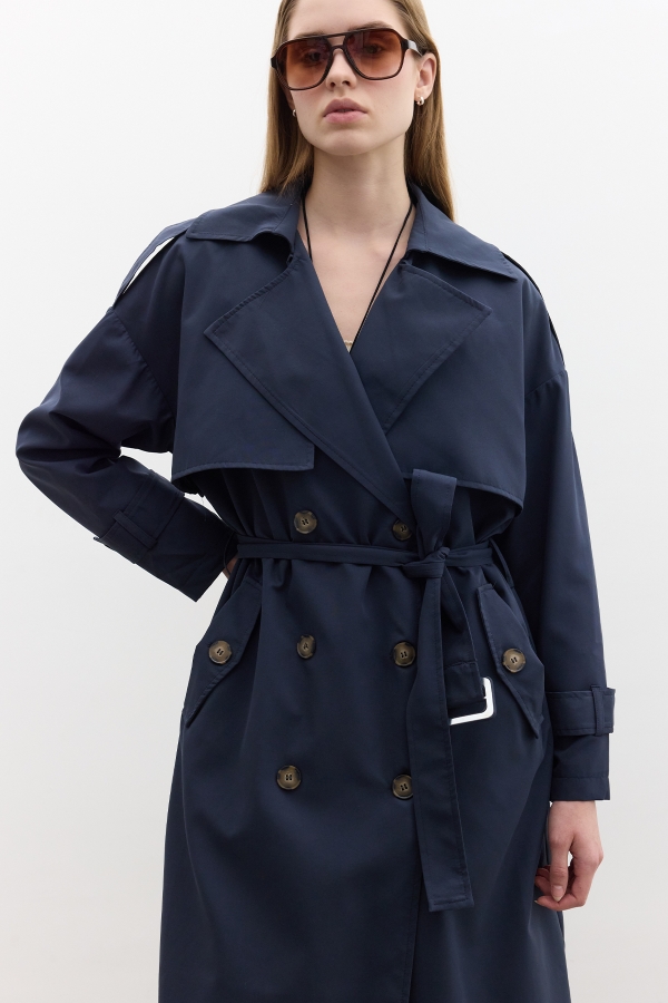 BUTTONED DOUBLE-BREASTED TRENCH COAT NAVY BLUE | Manuka