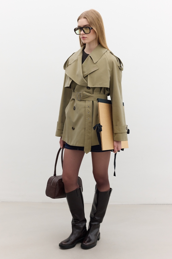 DOUBLE BREASTED SHORT TRENCH COAT GREEN