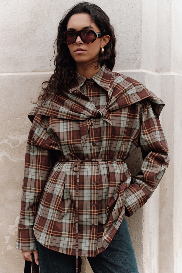 Manuka - ÜÇGEN FULARLI OVERSIZE GÖMLEK EKOSE YEŞİL