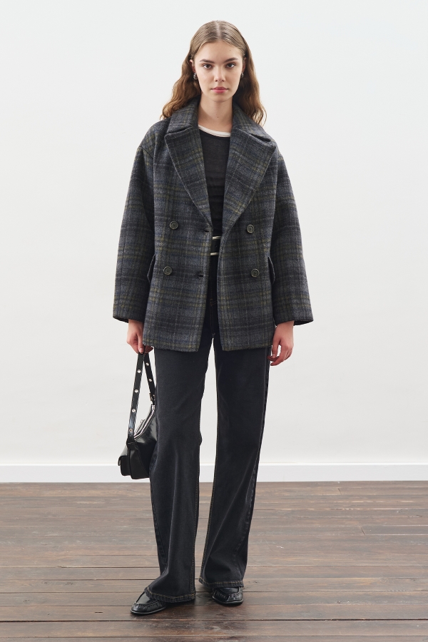 Manuka - CHECKED WOOL BLEND COAT ANTHRACITE